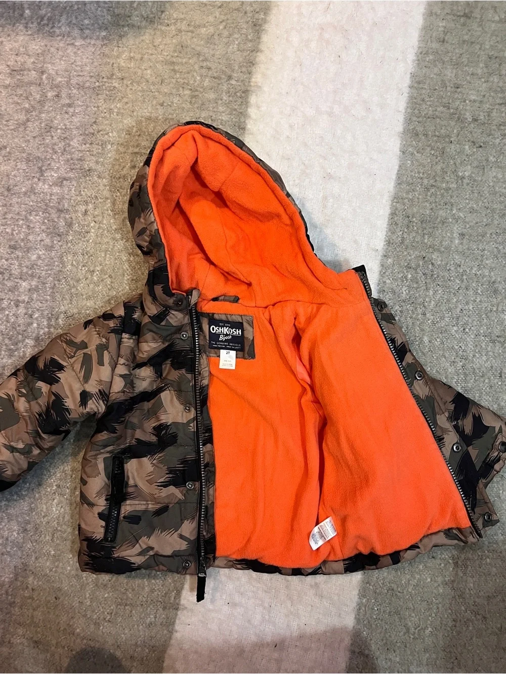 OshKosh B'gosh Camo Puffer Jacket with Bright Orange Fleece Lining
